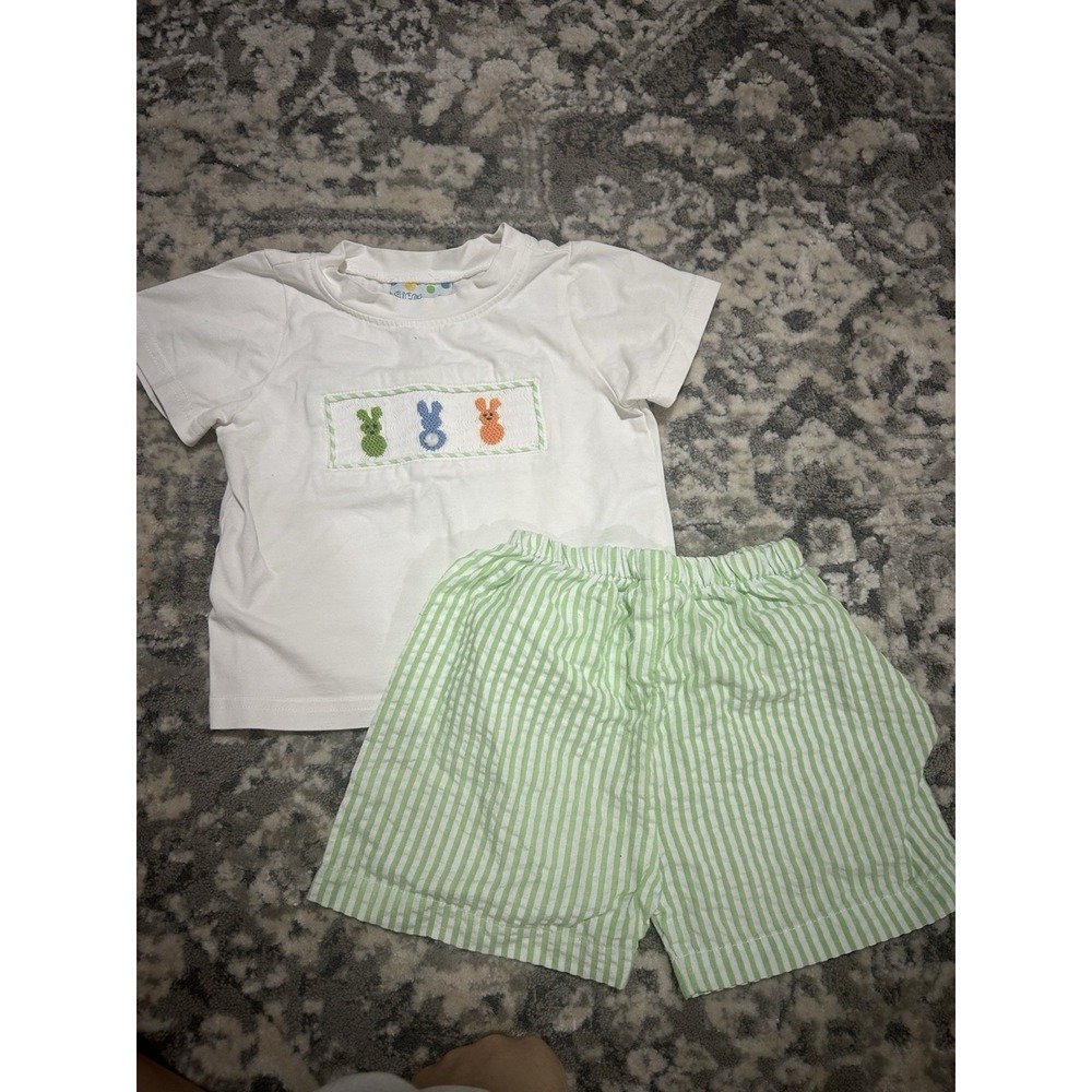 Sugar‎ Dumplin Boys Smocked Easter Outfit Green Gingham Short Set 12 Month